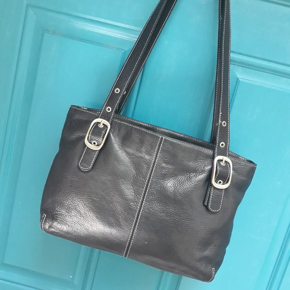 Pebbled Leather Purse Shoulder Bag Genuine Black Leather Adjustable Straps - Picture 1 of 16